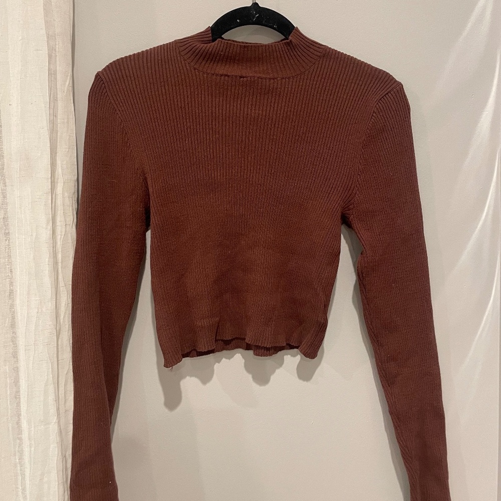 Brown Mock Neck Long Sleeve Cropped Sweater
